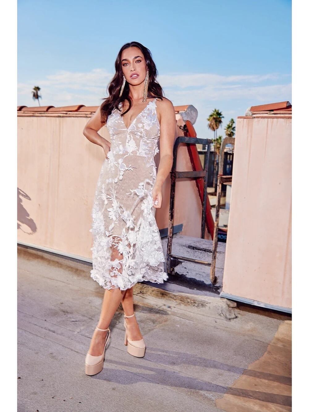 NEW Dress the Population Audrey Off White Nude Event Party Midi Dress L